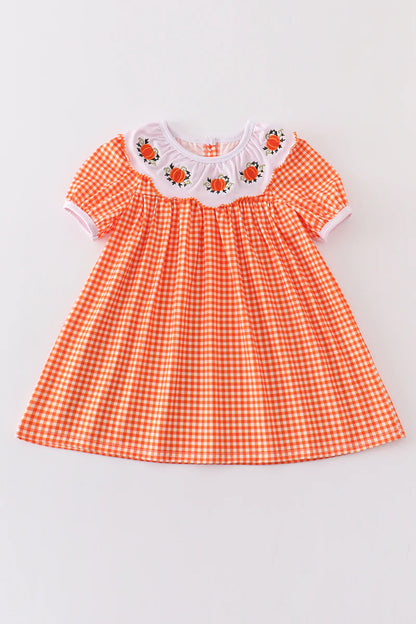 Orange Plaid Pumpkin Embroidery Dress