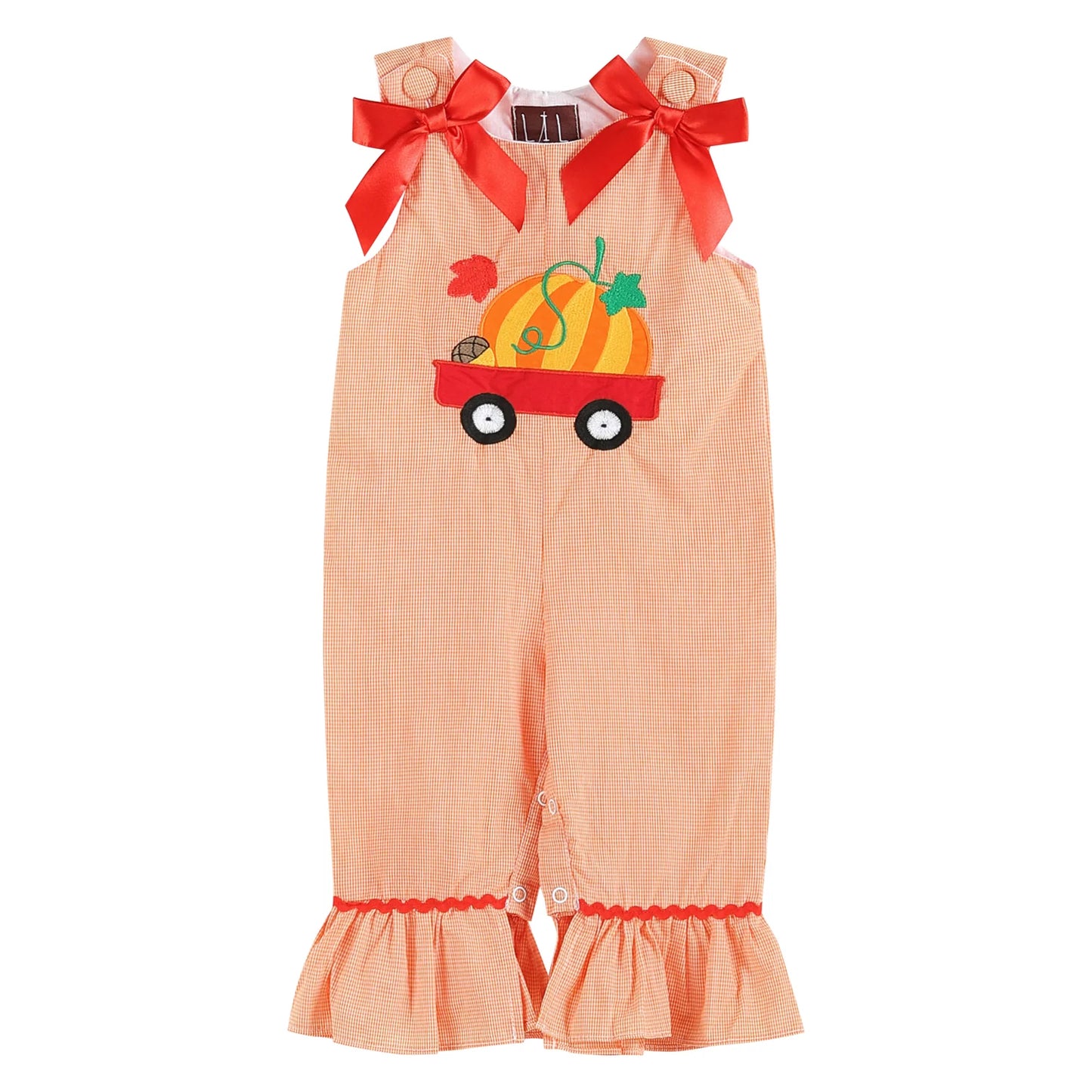 Orange Gingham Pumpkin Bow Accent Overalls