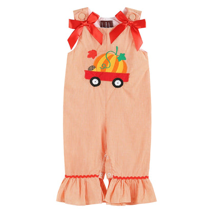 Orange Gingham Pumpkin Bow Accent Overalls