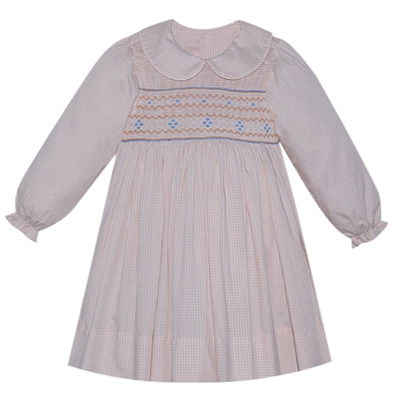 Long Sleeve Khaki with Blue Smocking Dress