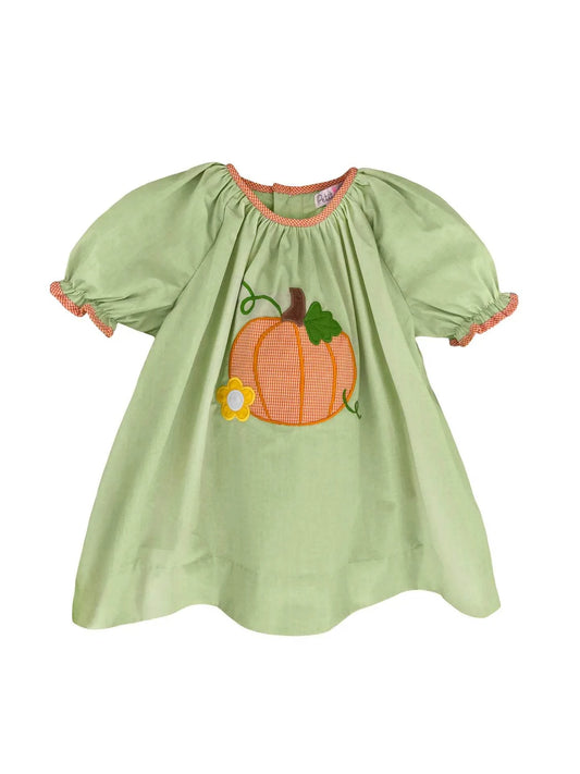 Green Gingham Dress with Pumpkin Applique