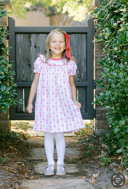 Pink Santa pattern with hand-smocked ruffle girl short sleeves dress