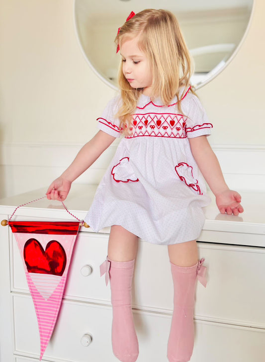 White Handsmocked Heart and Bow Dress