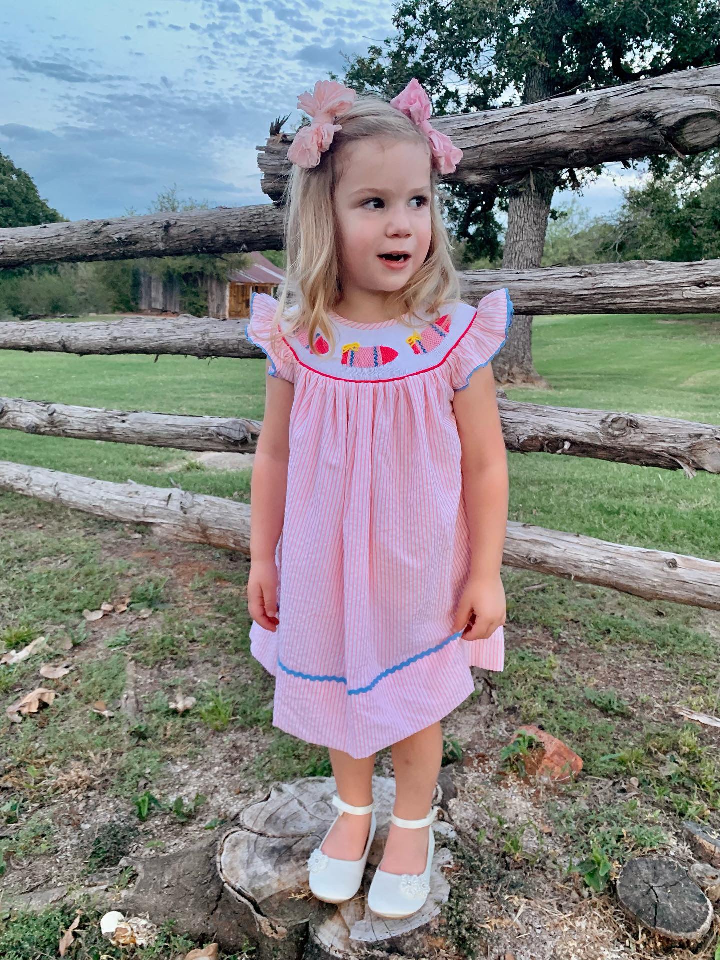 Hand smocked Pink Striped Bow and Crayon Dress
