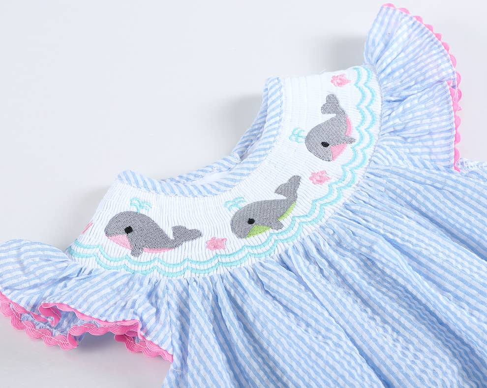 Blue Stripe Smocked Whale Romper