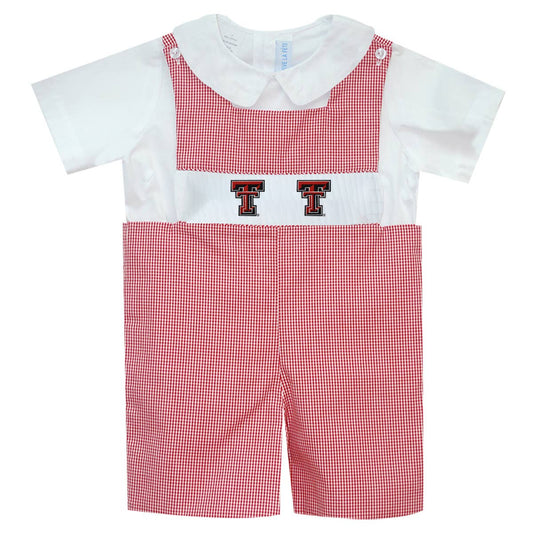 Texas Tech Smocked Embroidered Red Check JonJon/Short Sleeve
