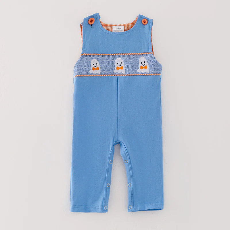 Blue Boys Halloween Ghost Embroidery Romper