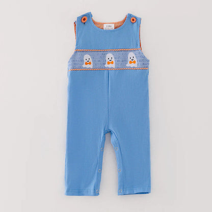 Blue Boys Halloween Ghost Embroidery Romper