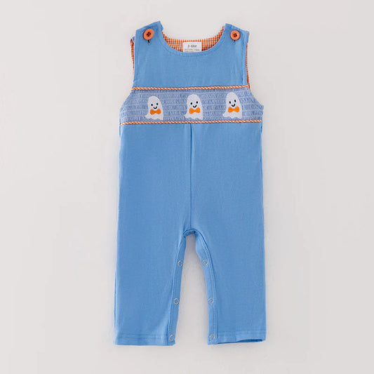Blue Boys Halloween Ghost Embroidery Romper