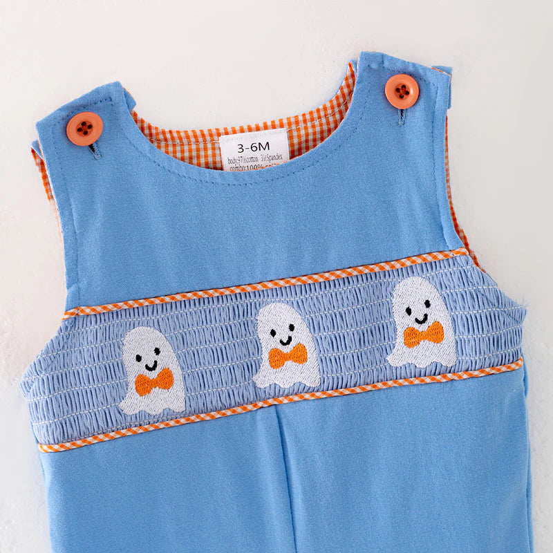 Blue Boys Halloween Ghost Embroidery Romper