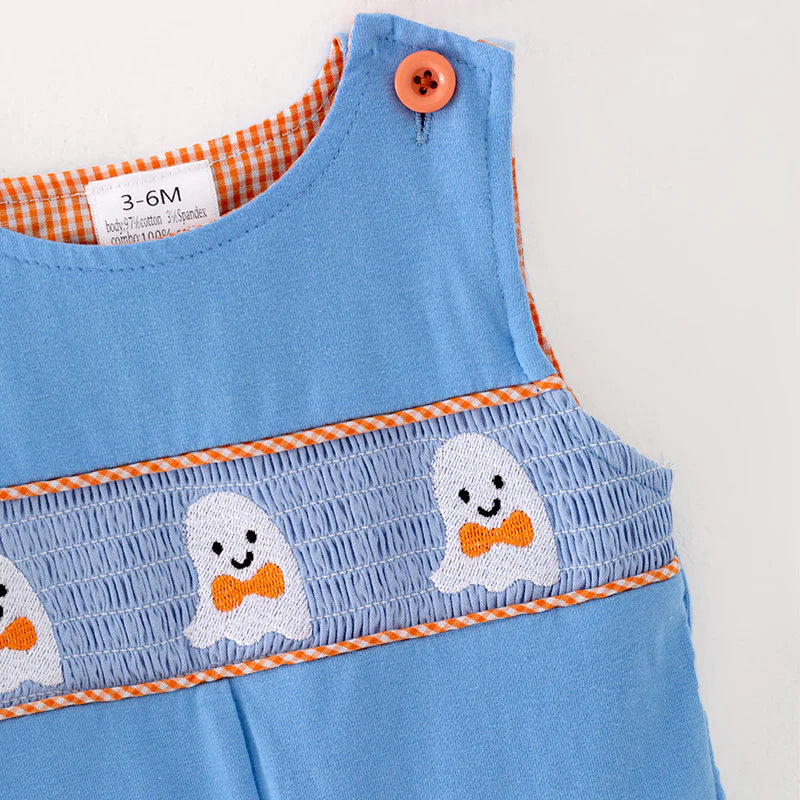 Blue Boys Halloween Ghost Embroidery Romper