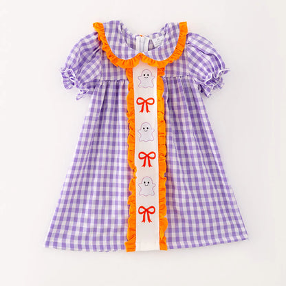 Girls Halloween Purple Plaid Embroidery Dress