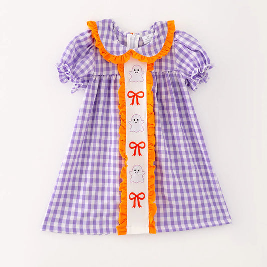 Girls Halloween Purple Plaid Embroidery Dress
