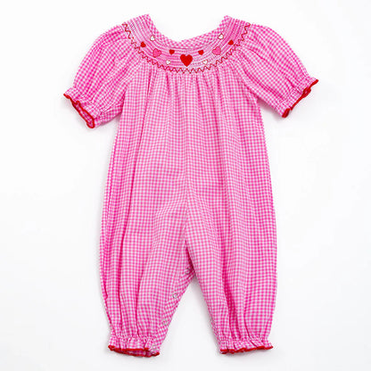 Girl's Baby Pink Heart Embroider Smocked Plaid Romper