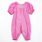 Girl's Baby Pink Heart Embroider Smocked Plaid Romper