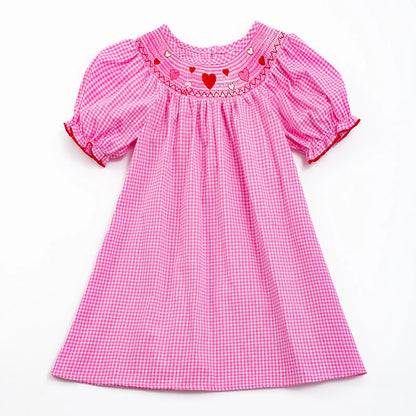 Girl's Pink Heart Embroider Smocked Plaid Dress