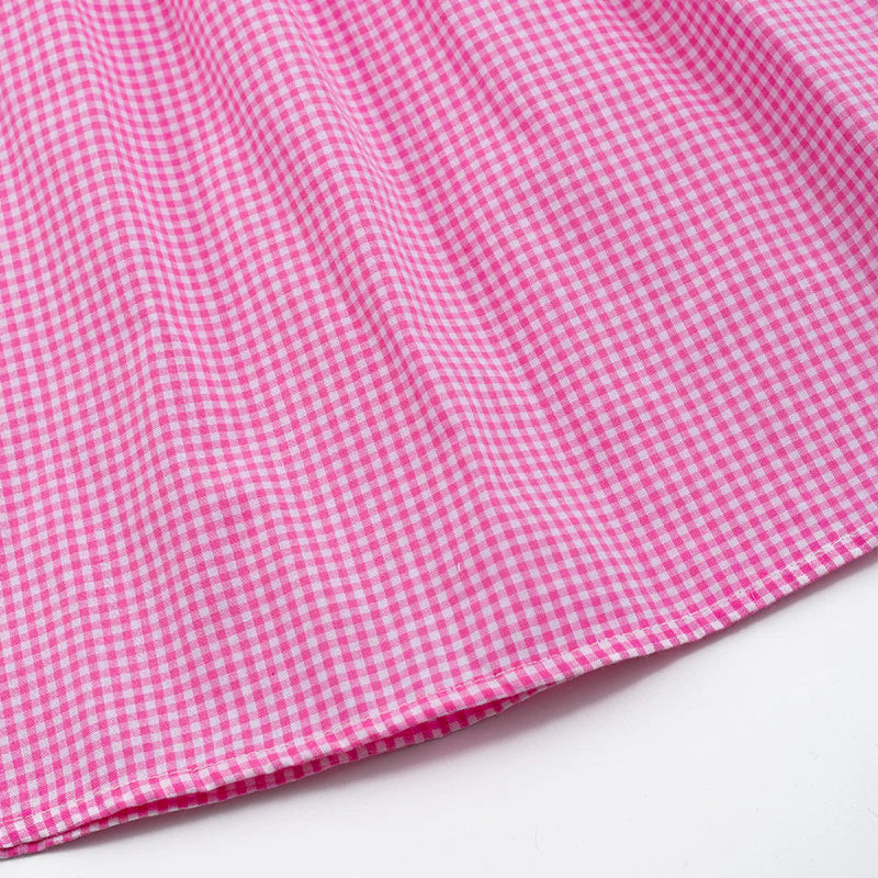 Girl's Pink Heart Embroider Smocked Plaid Dress