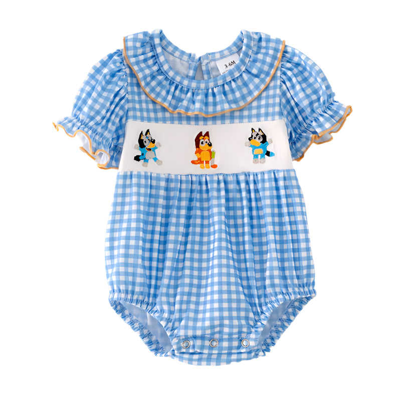 Baby Girls Blue Dog  Cartoon Embroidery Romper
