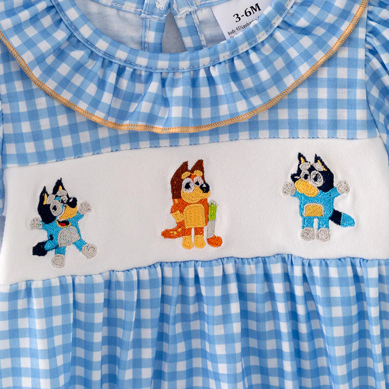 Baby Girls Blue Dog  Cartoon Embroidery Romper