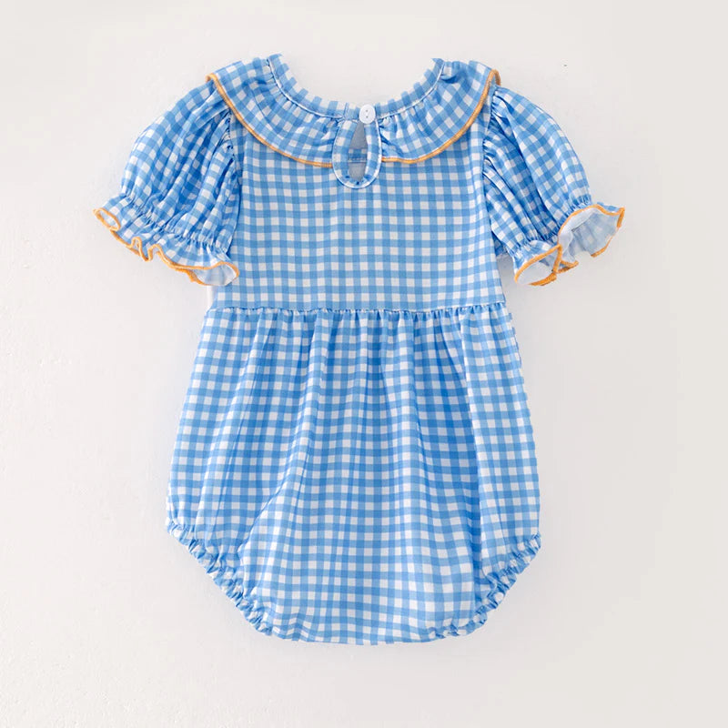 Baby Girls Blue Dog  Cartoon Embroidery Romper