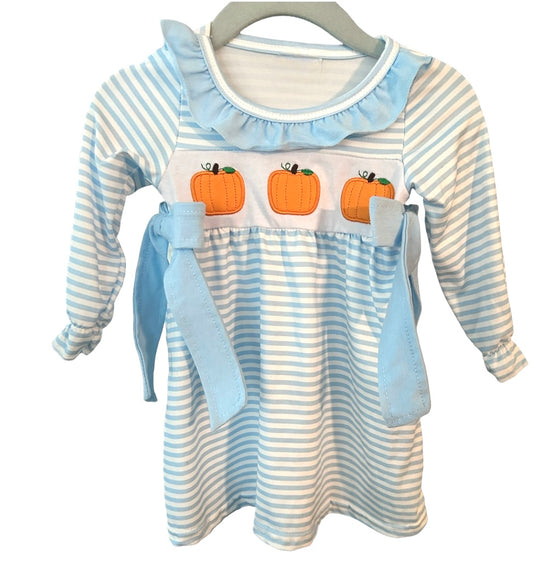 Baby Blue Stripe Pumpkin Dress with Bows