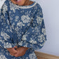 Grey Floral Printed Neck & Bottom Lace Long Sleeves Gathered