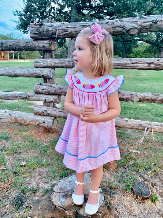 Hand smocked Pink Striped Bow and Crayon Dress