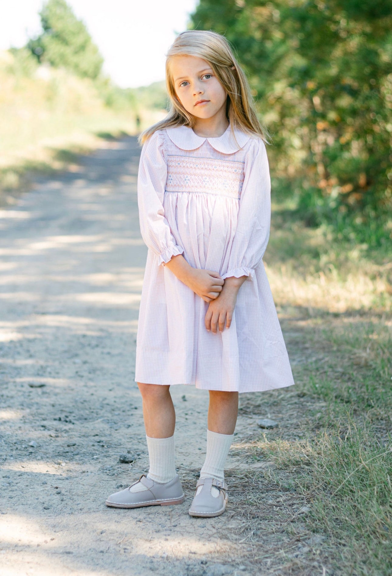 Long Sleeve Khaki with Blue Smocking Dress
