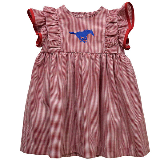SMU Mustangs Embroidered Red Gingham Ruffle Dress