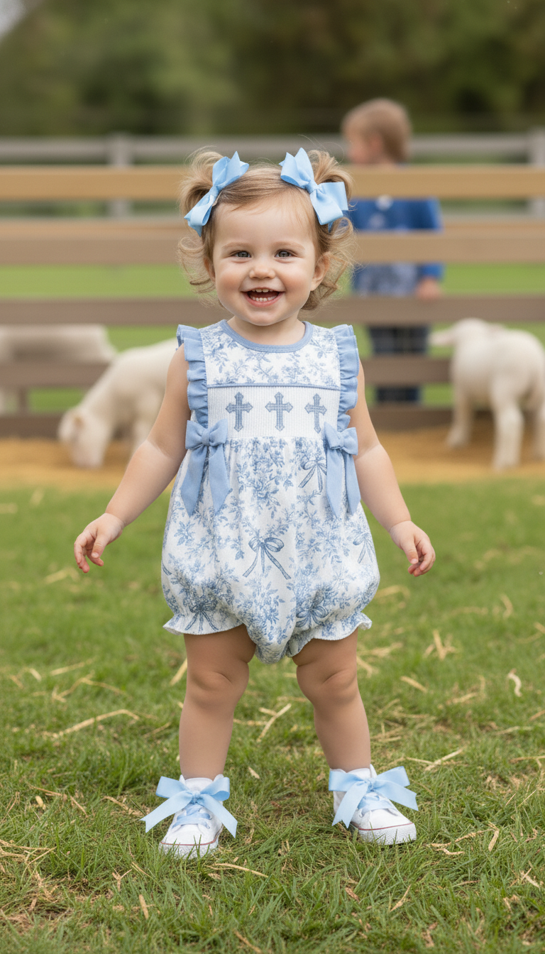 BLUE FLORAL CROSS SMOCKED RUFFLE BUBBLE