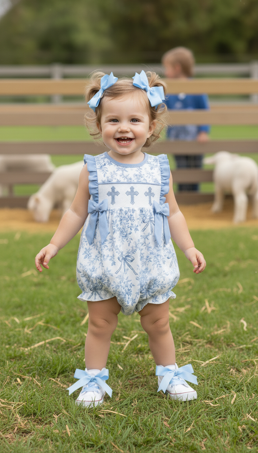 BLUE FLORAL CROSS SMOCKED RUFFLE BUBBLE