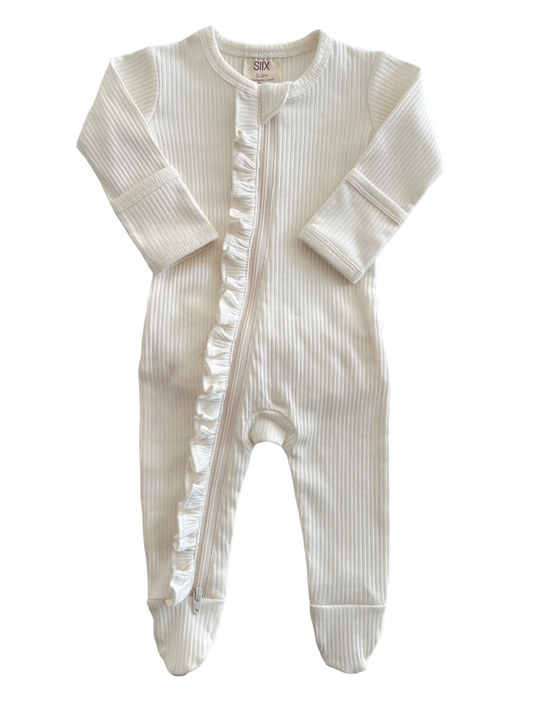 Ivory / Organic Ribbed Frill Zip Footie (Baby - Kids)