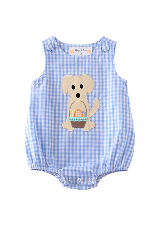 Premium Blue plaid dog applique boy bubble