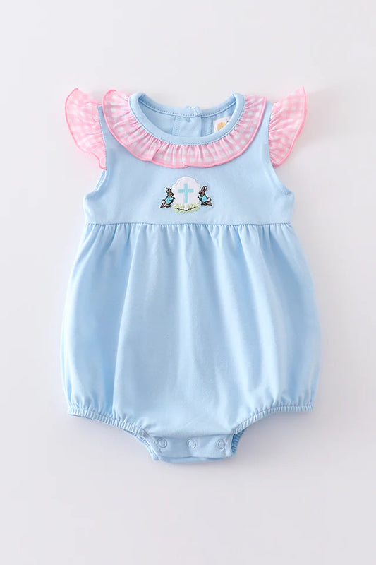 Blue easter cross embroidery ruffle girl bubble