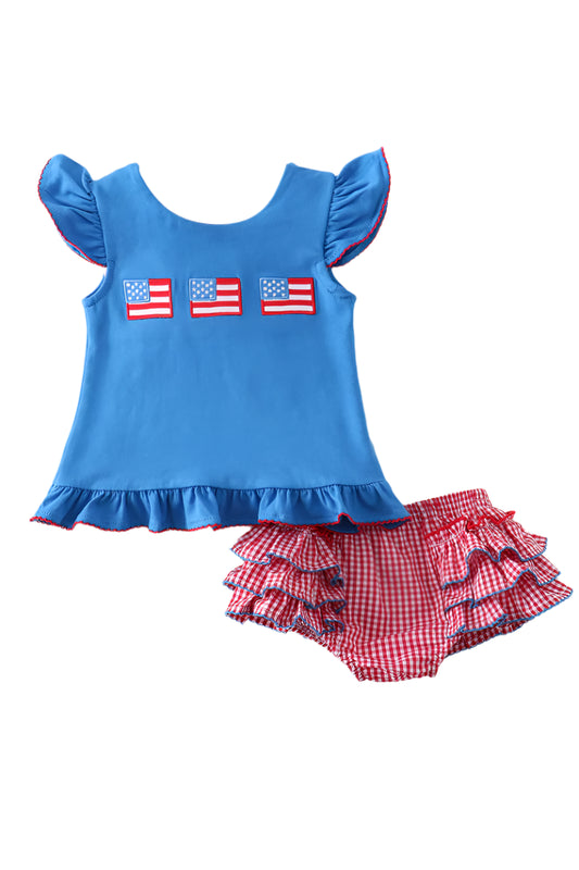 Blue Patriotic Flag Applique and seersucker ruffle bloomer set