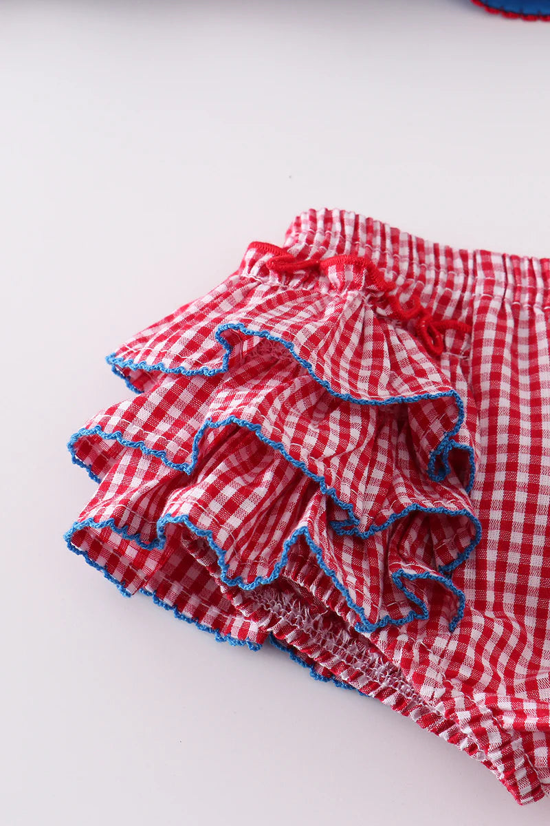 Blue Patriotic Flag Applique and seersucker ruffle bloomer set