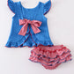 Blue Patriotic Flag Applique and seersucker ruffle bloomer set