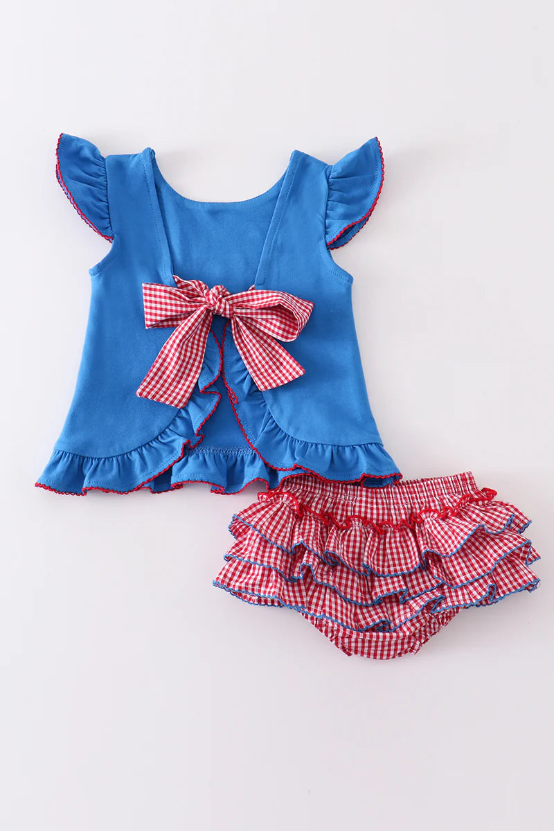 Blue Patriotic Flag Applique and seersucker ruffle bloomer set