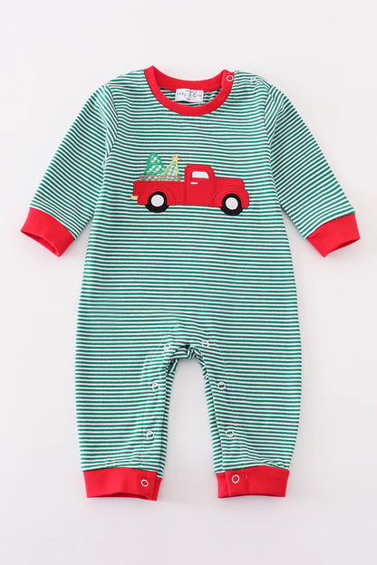 Premium green stripe christmas truck applique boy romper