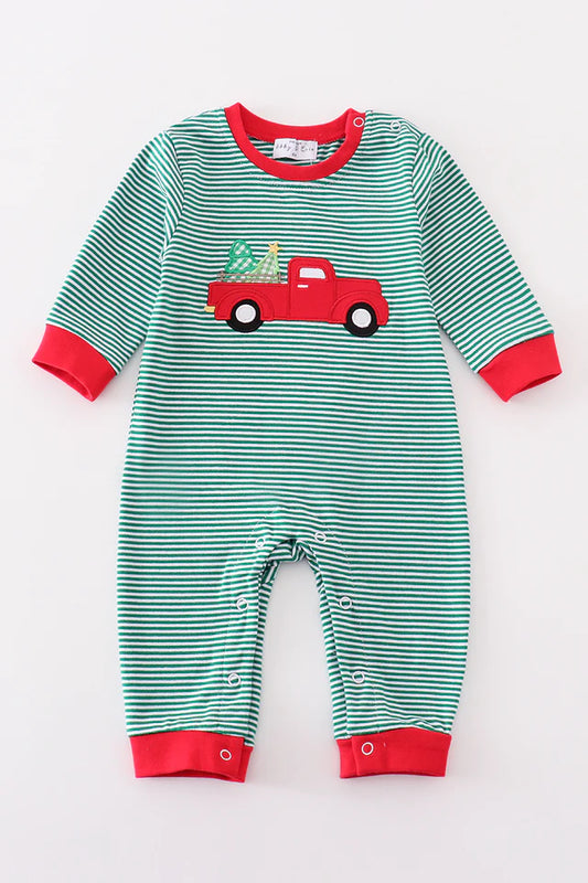 Premium green stripe christmas truck applique boy romper