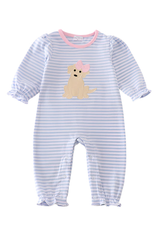 Premium blue stripe puppy applique girl romper