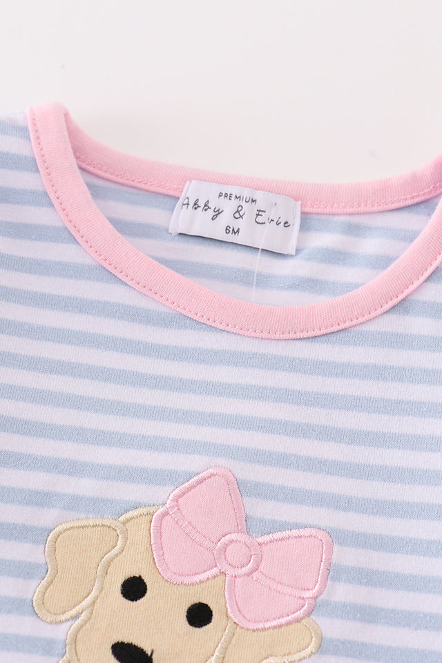Premium blue stripe puppy applique girl romper
