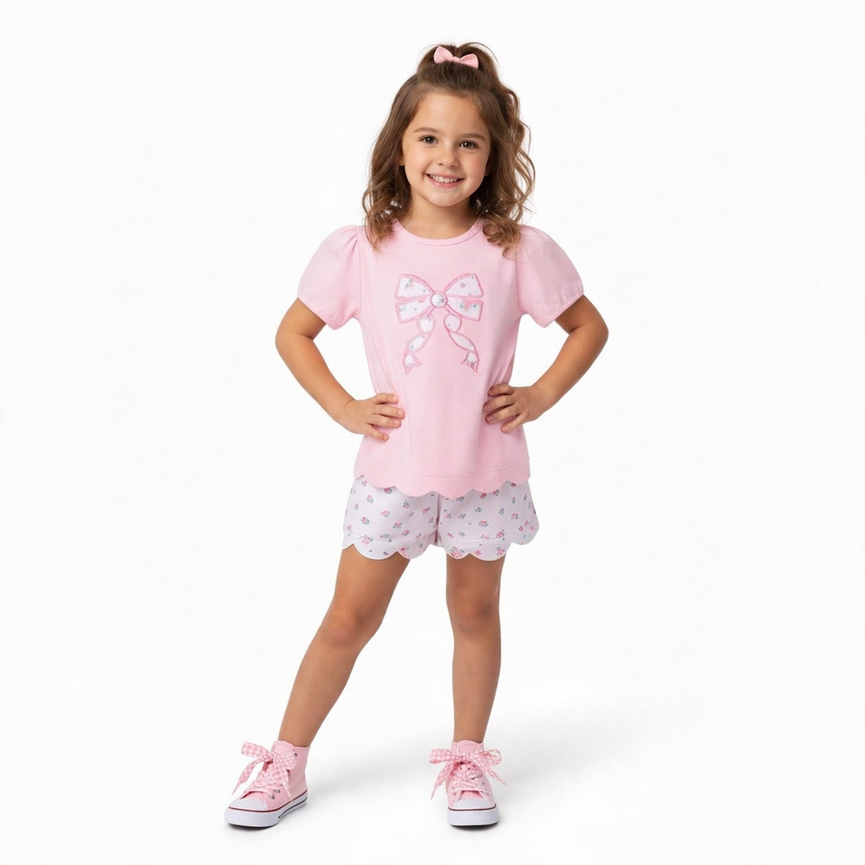PINK BOW APPLIQUE FLORAL SHORTS SET