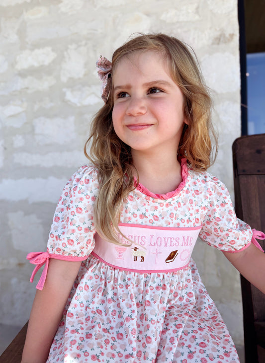 PINK JESUS LOVES ME EMBROIDERY DRESS