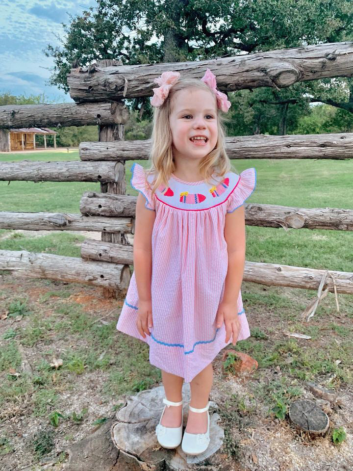 Hand smocked Pink Striped Bow and Crayon Dress