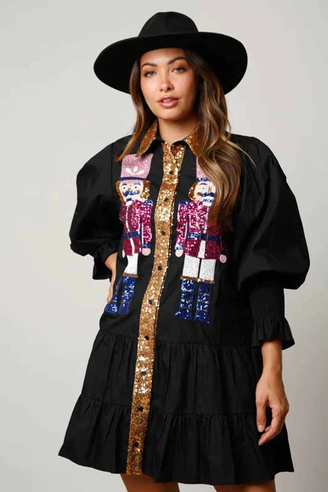 BLACK NUTCRACKER SEQUINS RUFFLE ADULT DRESS