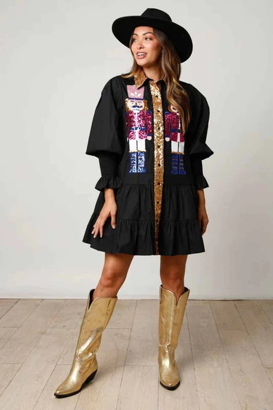 BLACK NUTCRACKER SEQUINS RUFFLE ADULT DRESS