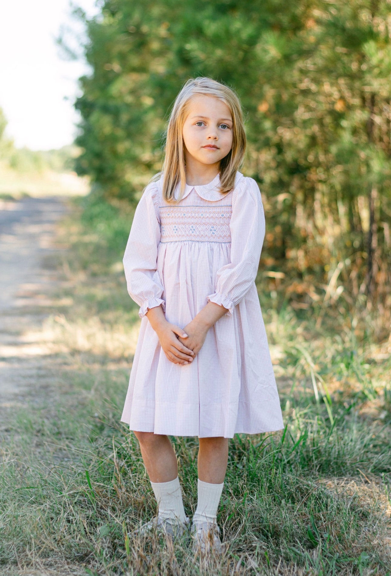 Long Sleeve Khaki with Blue Smocking Dress – POPPIBLUE