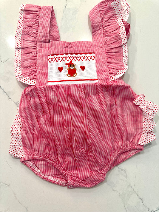 Valentine Smocked Romper with Ruffles on Back