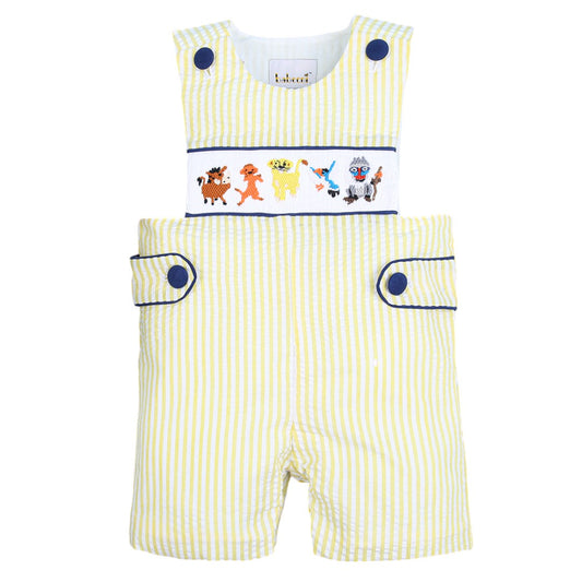 Smocked lion king boy yellow striped seersucker shortall